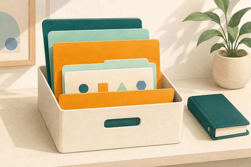 An archive box shows three student folders, nested year dividers, and smaller purpose tabs as a clear three-level structure.