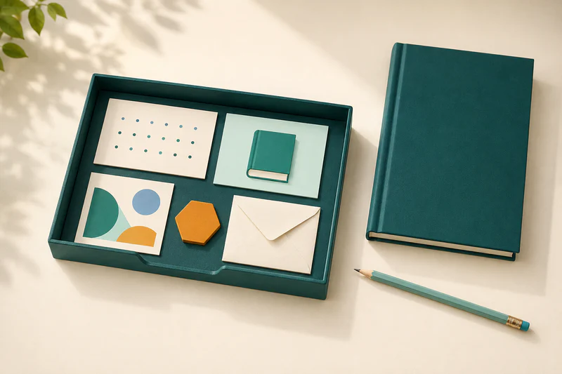 A small weekly inbox holds five representative items beside a closed planner and pencil, with no overflowing paperwork.