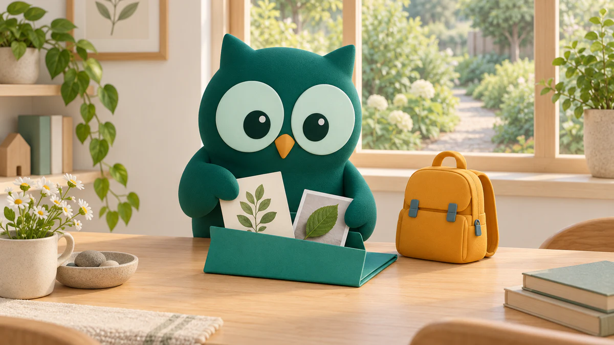 Homeschowl filing a botanical sketch and leaf photograph in a teal folder beside an amber backpack, with a garden path beyond the window.