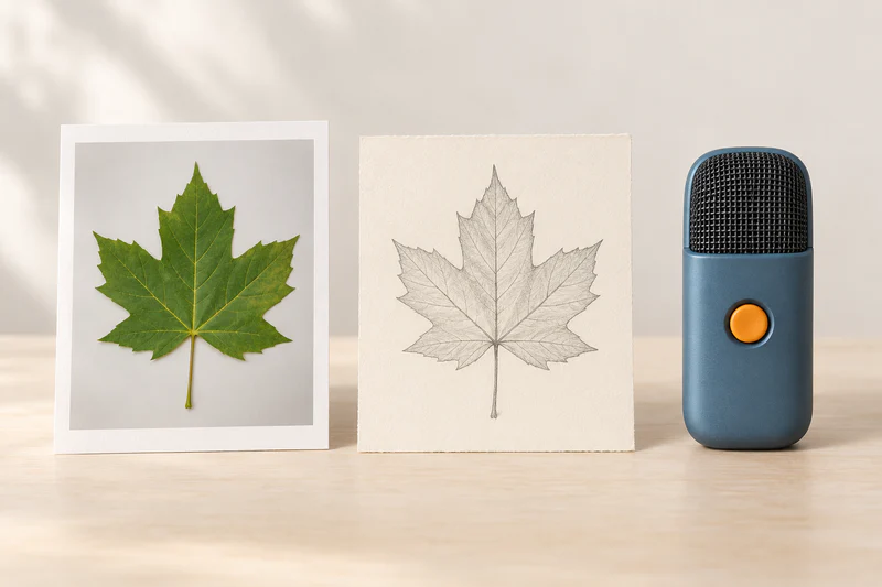 A botanical photograph, a leaf sketch, and a small audio recorder offer three different ways to capture the same observation.