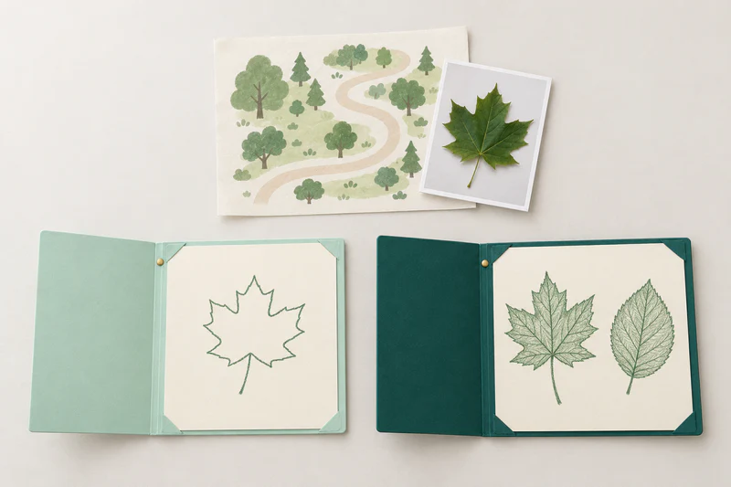 One shared garden map and photograph sit above two slim student portfolios with different botanical responses.