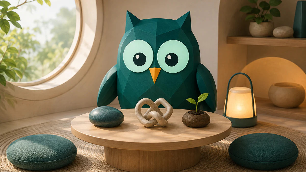 Homeschowl hosting a calm round-table check-in with a progress stone, puzzle knot, planted seed, and support lantern.