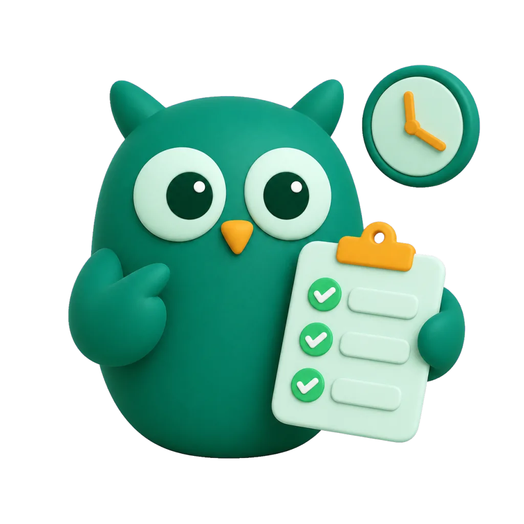The Homeschowl owl holding a clipboard checklist next to a small clock.