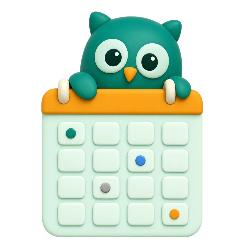 The Homeschowl owl peeking over a monthly calendar with color-coded day markers.