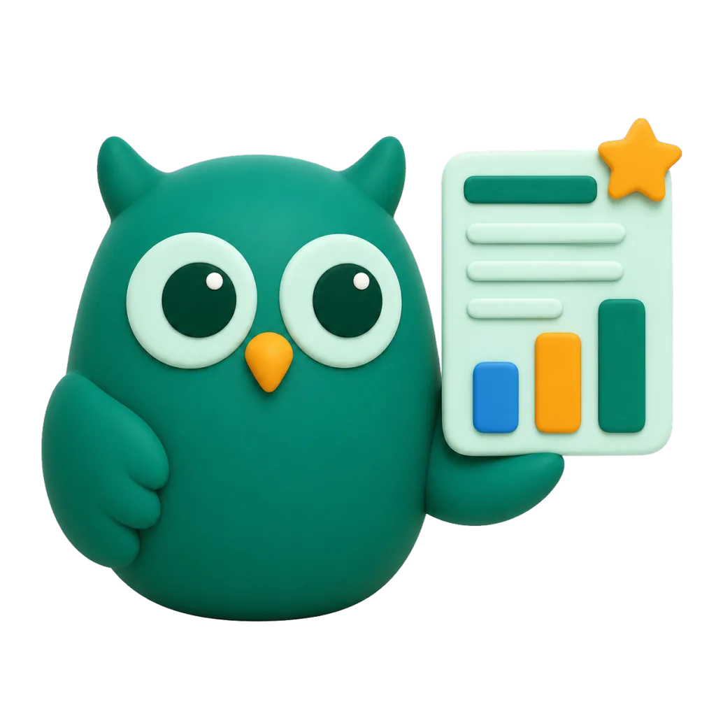 The Homeschowl owl presenting a report card with a rising chart and a gold star.