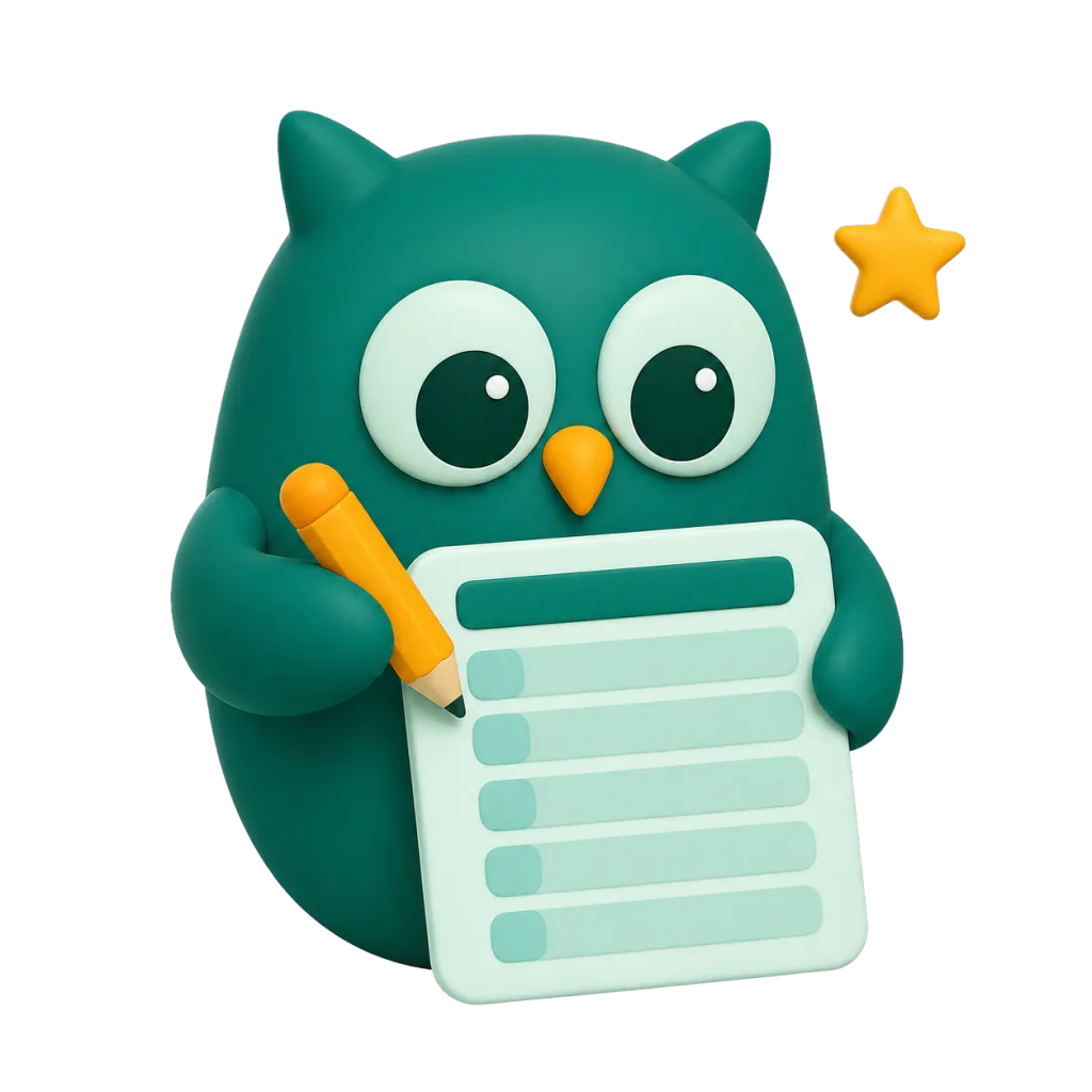 The Homeschowl owl writing on a weekly lesson planner page with a pencil.
