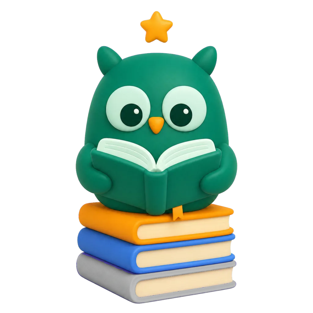 The Homeschowl owl reading an open book on top of a stack of colorful books.
