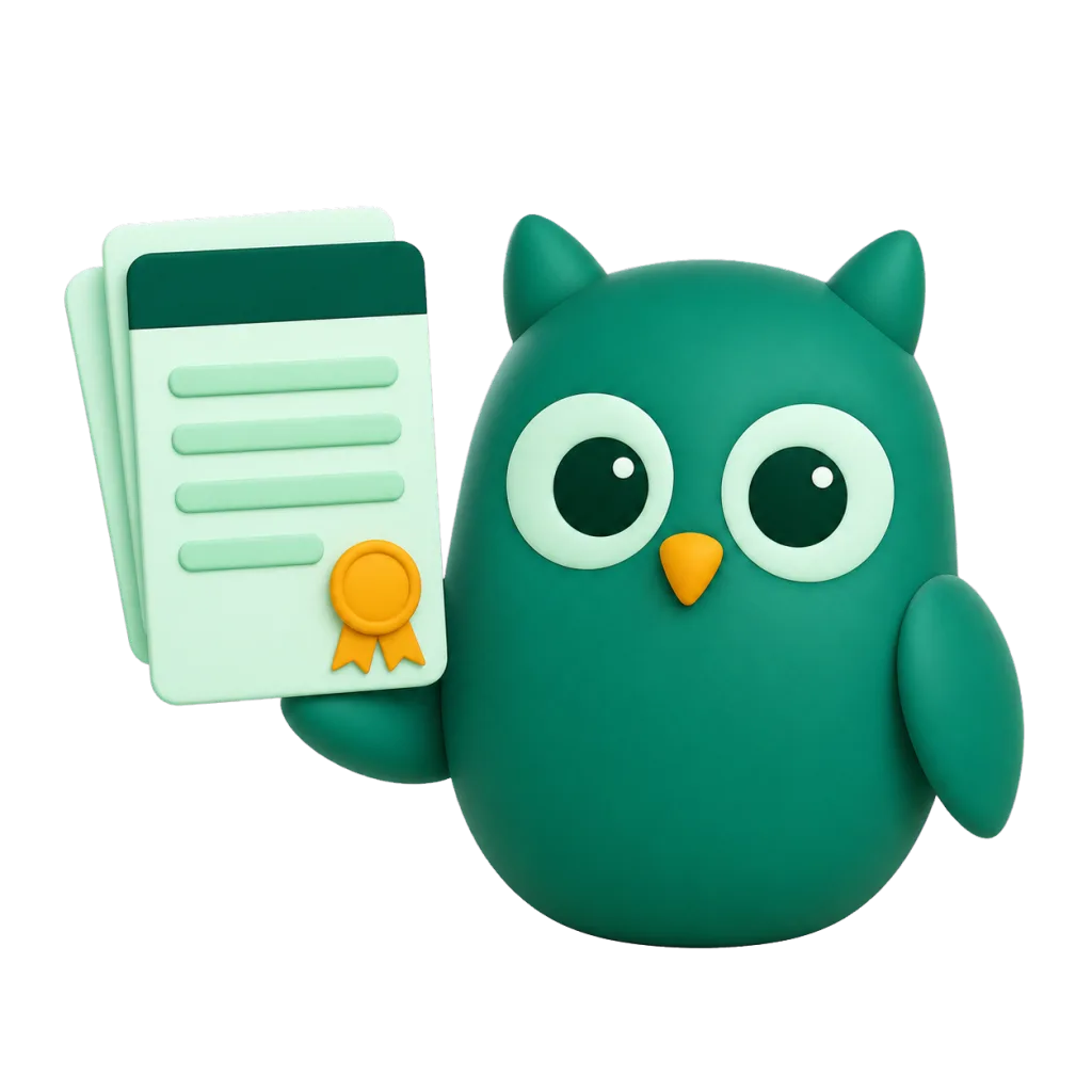 The Homeschowl owl presenting a finished PDF document with a ribbon seal.