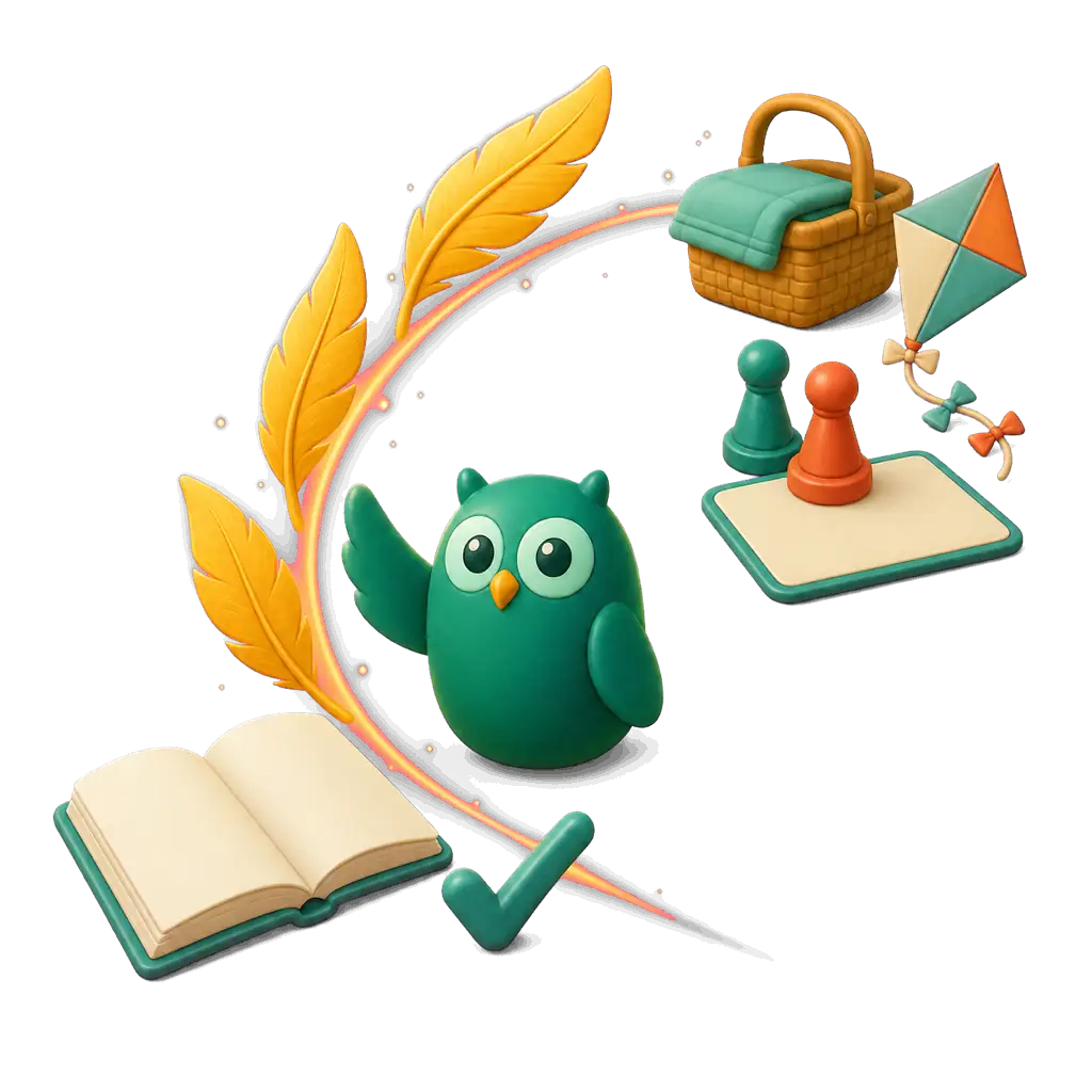 Golden Feathers flowing from completed learning into family-chosen activities and rewards.