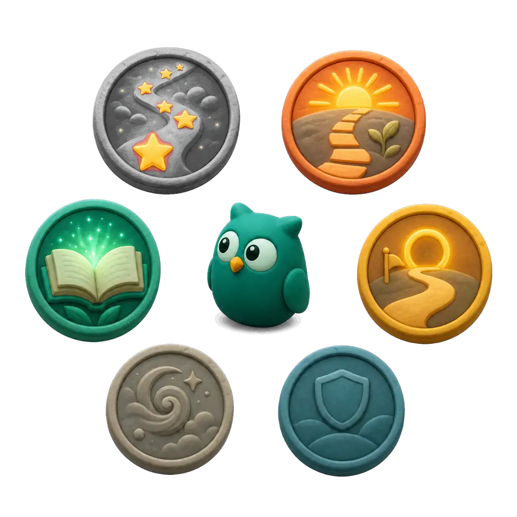 A collection of glowing and muted Homeschowl badges representing consistency, recovery, reading, and follow-through.